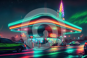 Neon gas starion in the night. Neon cyberpunk or travel concept with dark gas station shop. Generative AI.