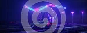 Neon gas station and retro car. Vintage cyberpunk auto. Fog rain and night. Color vibrant reflections on asphalt. 3D illustration