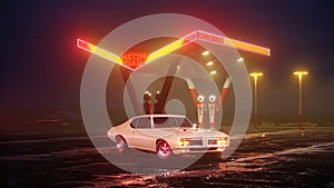 Neon gas station and retro car. Vintage cyberpunk auto. Fog rain and night. Color vibrant reflections on asphalt. 3D illustration