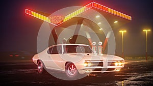 Neon gas station and retro car. Vintage cyberpunk auto. Fog rain and night. Color vibrant reflections on asphalt. 3D illustration