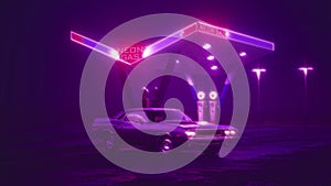 Neon gas station and retro car. Vintage cyberpunk auto. Fog rain and night. Color vibrant reflections on asphalt. 3D illustration