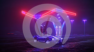 Neon gas station and retro car. Vintage cyberpunk auto. Fog rain and night. Color vibrant reflections on asphalt. 3D illustration