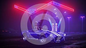 Neon gas station and retro car. Vintage cyberpunk auto. Fog rain and night. Color vibrant reflections on asphalt. 3D illustration