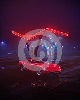 Neon gas station and retro car. Vintage cyberpunk auto. Fog rain and night. Color vibrant reflections on asphalt. 3D illustration