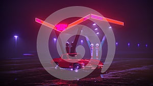 Neon gas station and retro car. Vintage cyberpunk auto. Fog rain and night. Color vibrant reflections on asphalt. 3D illustration