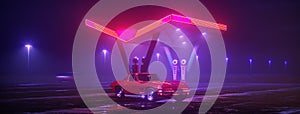 Neon gas station and retro car. Vintage cyberpunk auto. Fog rain and night. Color vibrant reflections on asphalt. 3D illustration