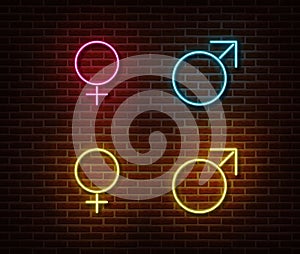 Neon gender symbols signs vector isolated on brick wall. Male and female sign light symbol, decorati