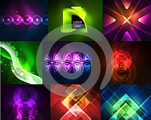 Neon geometric shapes - triangles and waves, modern backgrounds