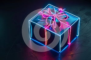 Neon gift box with bow against black background in vibrant glowcore style. AI Image