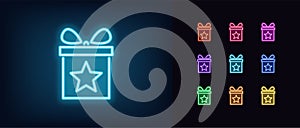 Neon gift box icon. Glowing neon present with star, magic gift