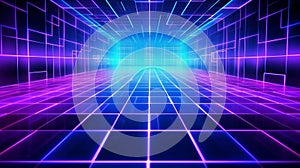 Neon glow blue purple and pink perspective grid tunnel, cyber pace, digital and techonology concept, retro future abstract