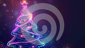 Neon Glow Christmas Tree with Star on Festive Background
