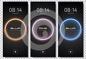 Neon Glow Circle Wallpapers Set for Smartphone with glassmorphism element. Vector smartphone screenlock template futuristic theme