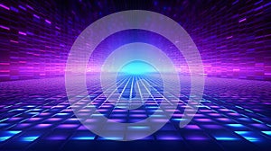 Neon glow cyan blue and purple perspective grid room, cyberspace, digital techonology and VR concept, retro future abstract