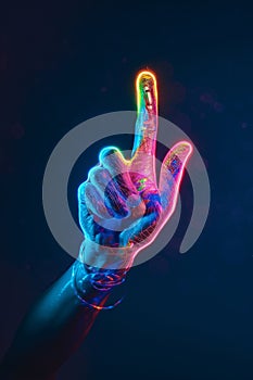 Neon glow finger gun gesture on dark background