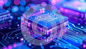 Neon Glow of a High-Tech Microprocessor