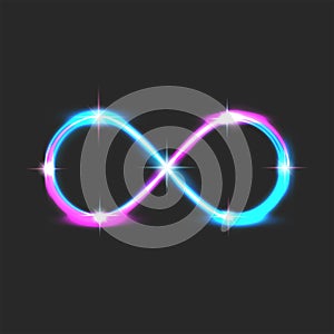 Neon glow infinity symbol with bright, shiny sparks, infinite time loop portal creative futuristic element with bright flare pink