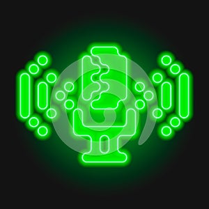 Neon glow microphone with audio waves icon. Podcast illustration.