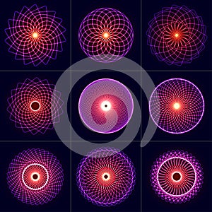 Neon glow symmetry elements set. Sacred Geometry. Circle of balance and harmony. Abstract psychedelic vector background.