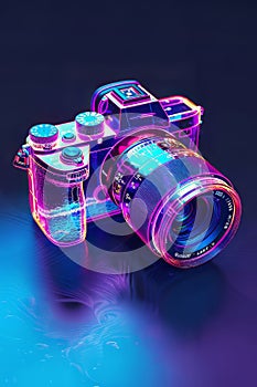 Neon Glow: Transparent Analog Camera in Isometric View