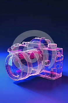 Neon Glow: Transparent Analog Camera in Isometric View