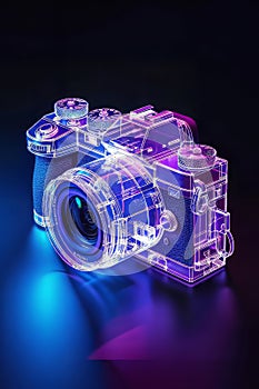 Neon Glow: Transparent Analog Camera in Isometric View