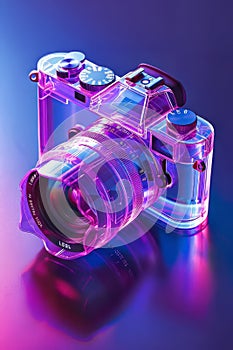 Neon Glow: Transparent Analog Camera in Isometric View