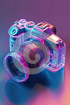 Neon Glow: Transparent Analog Camera in Isometric View