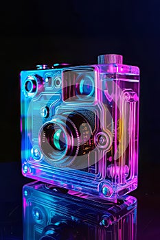 Neon Glow: Transparent Analog Camera in Isometric View