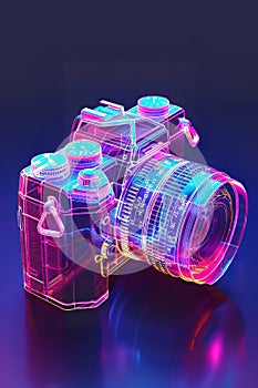 Neon Glow: Transparent Analog Camera in Isometric View