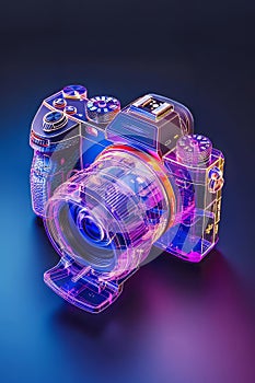 Neon Glow: Transparent Analog Camera in Isometric View