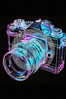 Neon Glow: Transparent Analog Camera in Isometric View