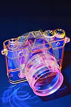 Neon Glow: Transparent Analog Camera in Isometric View