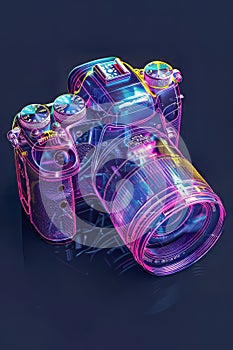 Neon Glow: Transparent Analog Camera in Isometric View