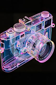 Neon Glow: Transparent Analog Camera in Isometric View