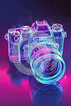 Neon Glow: Transparent Analog Camera in Isometric View