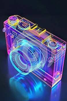 Neon Glow: Transparent Analog Camera in Isometric View