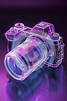 Neon Glow: Transparent Analog Camera in Isometric View