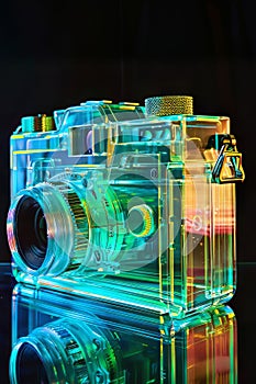 Neon Glow: Transparent Analog Camera in Isometric View