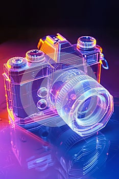 Neon Glow: Transparent Analog Camera in Isometric View