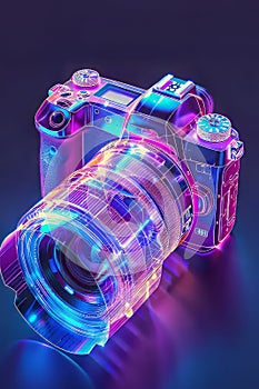 Neon Glow: Transparent Analog Camera in Isometric View