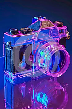 Neon Glow: Transparent Analog Camera in Isometric View