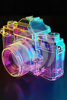 Neon Glow: Transparent Analog Camera in Isometric View