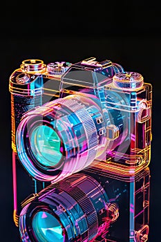 Neon Glow: Transparent Analog Camera in Isometric View