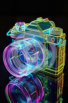 Neon Glow: Transparent Analog Camera in Isometric View