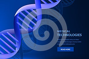 Neon glowing 3d DNA background. Vector illustration. Medical technology, biotechnology, science research concept