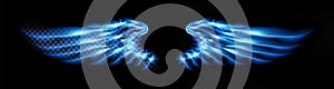 Neon glowing abstract blue angel wings. Isolated, strewn with sparks on dark, black background. Happy Valentines day, attributes.