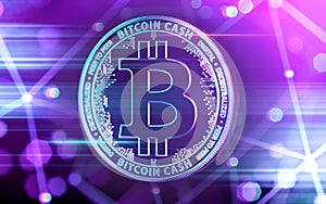 Neon glowing Bitcoin Cash BCC coin in Ultra Violet colors with cryptocurrency blockchain nodes in blurry background. 3D renderin photo
