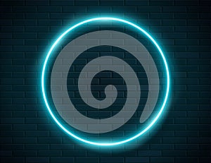 Neon Glowing Circle Green Frame for Banner on Dark Empty Grunge Brick Background