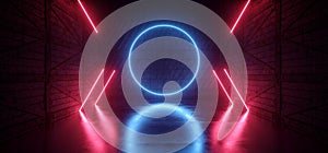 Neon Glowing Circle Lines Sci Fi Futuristic Warehouse Garage Stage Blue Red Lights Concrete Stone Cement Floor Rough Barn Wood